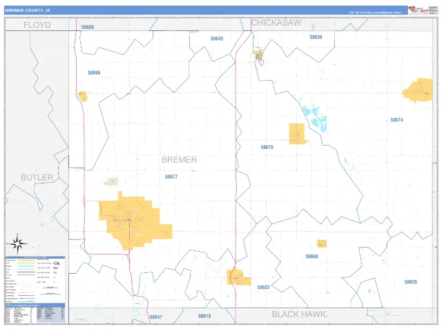 Bremer County, IA ZIP Code Wall Map, Business Reference style