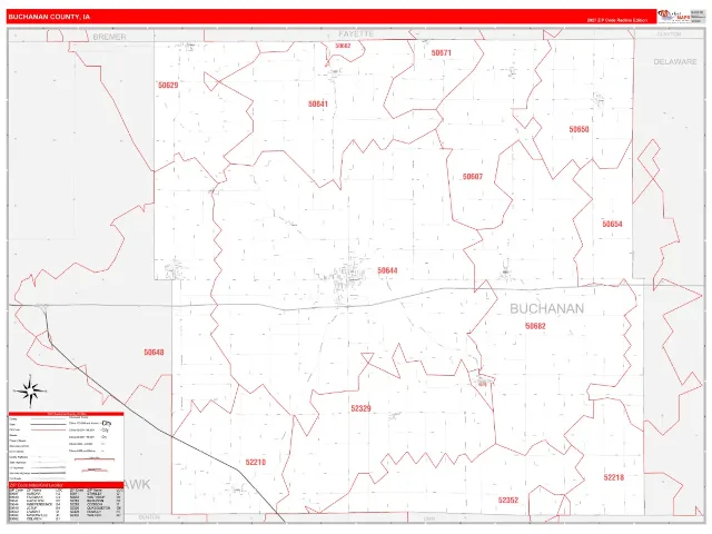 Buchanan County, IA ZIP Code Wall Map, RedLine style