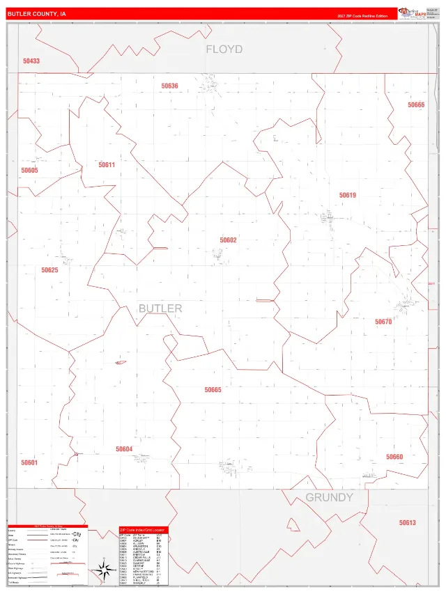 Butler County, IA ZIP Code Wall Map, RedLine style