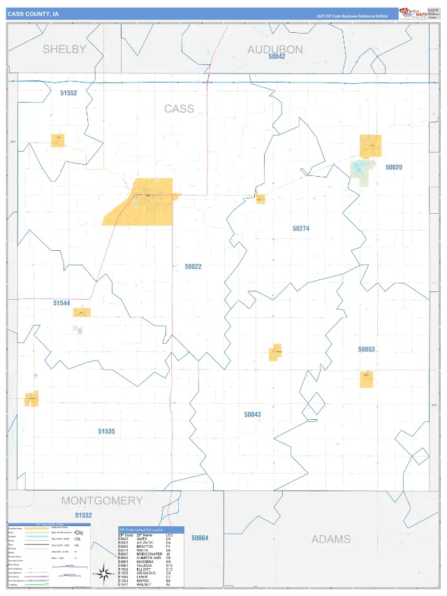 Cass County, IA ZIP Code Wall Map, Business Reference style