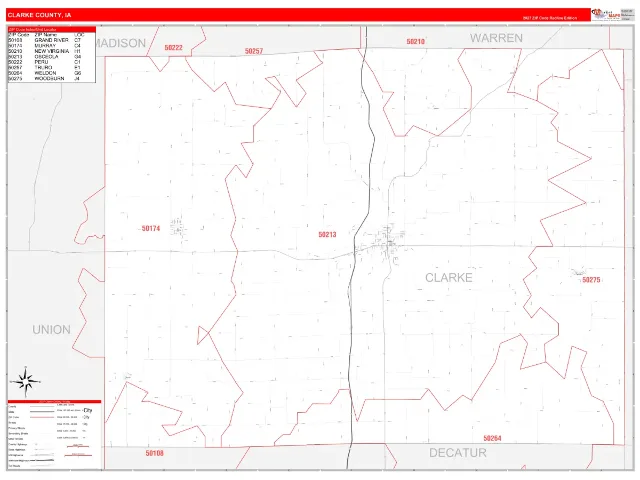 Clarke County, IA ZIP Code Wall Map, RedLine style