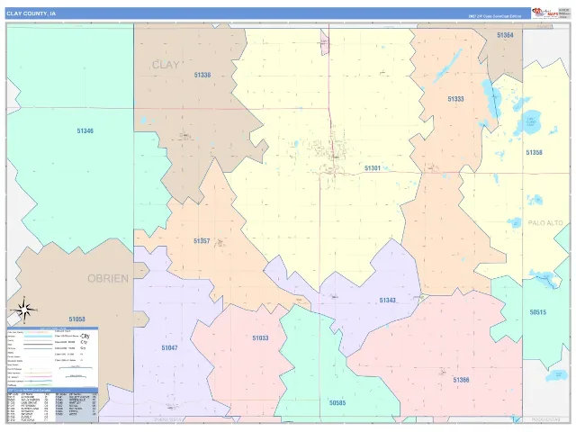 Clay County, IA ZIP Code Wall Map, ColorCast style