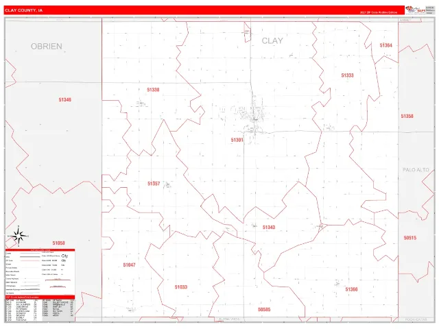 Clay County, IA ZIP Code Wall Map, RedLine style