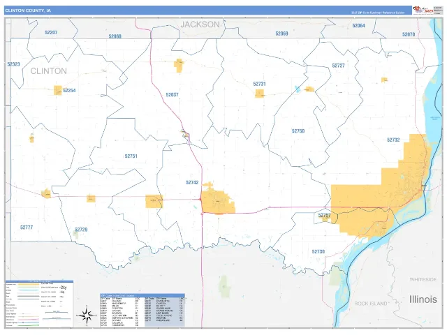 Clinton County, IA ZIP Code Wall Map, Business Reference style