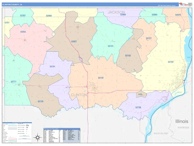 Clinton County, IA ZIP Code Wall Map, ColorCast style