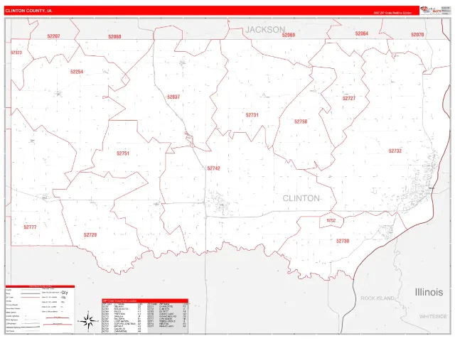 Clinton County, IA ZIP Code Wall Map, RedLine style