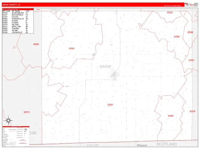 Davis County, IA ZIP Code Wall Map, RedLine style