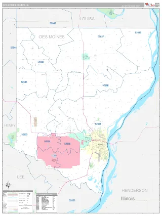 Des Moines County, IA Classic style ZIP Code wall map