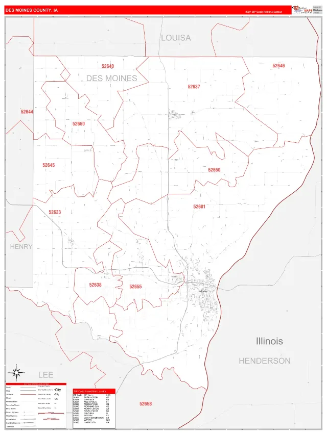 Des Moines County, IA ZIP Code Wall Map, RedLine style