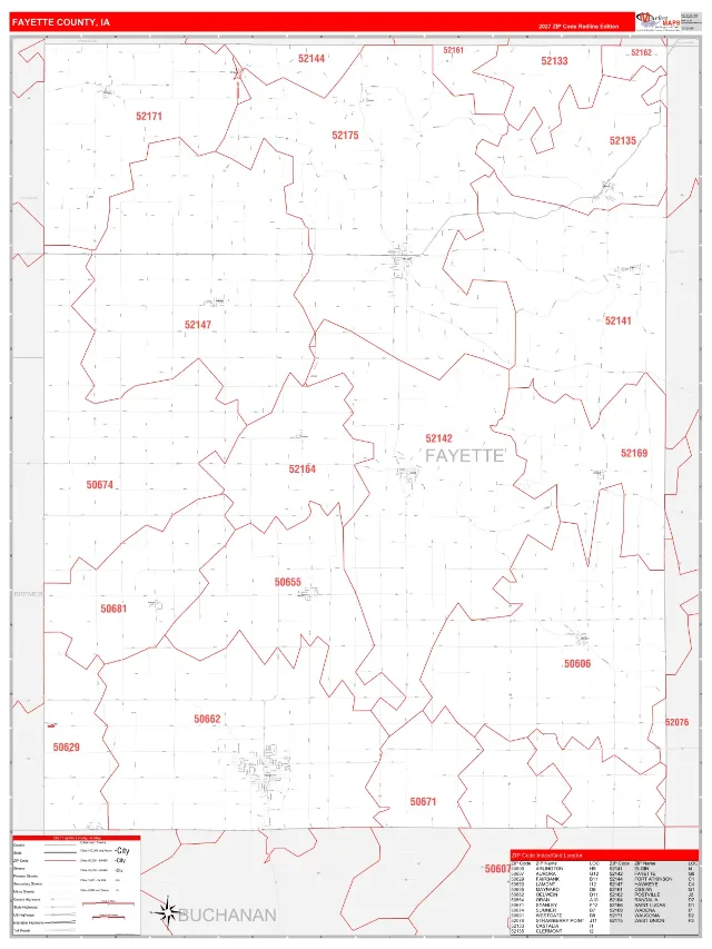 Fayette County, IA ZIP Code Wall Map, RedLine style