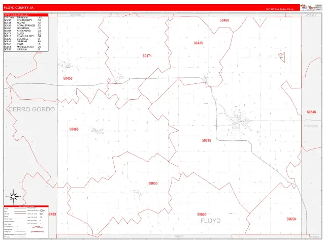 Floyd County, IA ZIP Code Wall Map, RedLine style