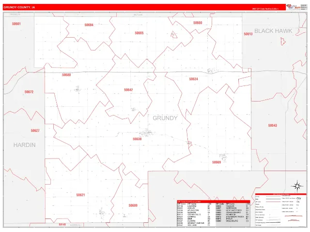 Grundy County, IA ZIP Code Wall Map, RedLine style