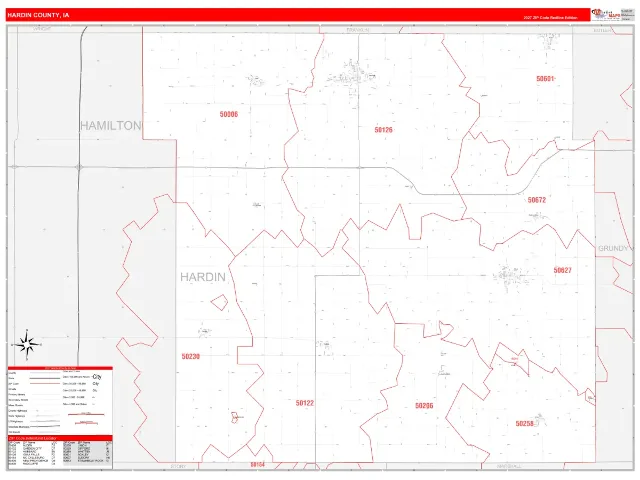 Hardin County, IA ZIP Code Wall Map, RedLine style