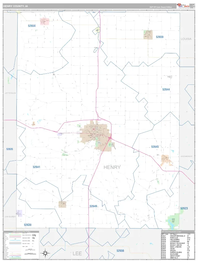 Henry County, IA ZIP Code Wall Map, Classic style