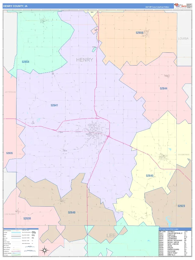 Henry County, IA ZIP Code Wall Map, ColorCast style