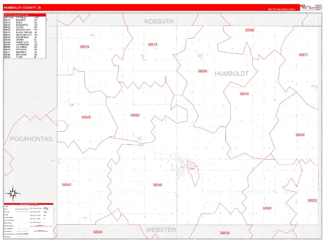 Humboldt County, IA ZIP Code Wall Map, RedLine style