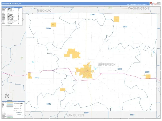 Jefferson County, IA ZIP Code Wall Map, Business Reference style