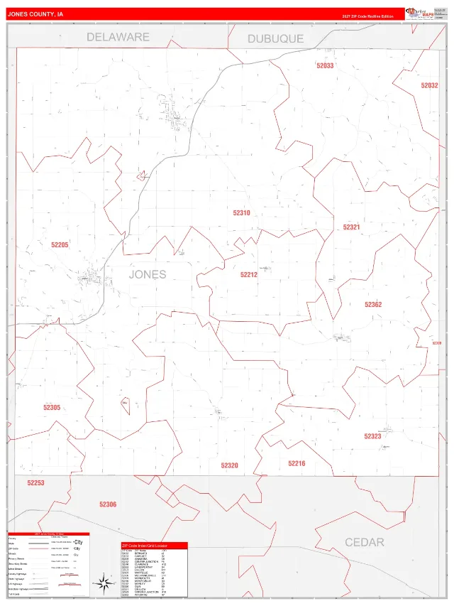 Jones County, IA ZIP Code Wall Map, RedLine style