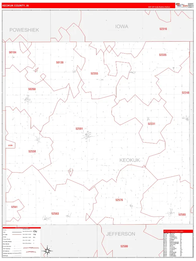 Keokuk County, IA ZIP Code Wall Map, RedLine style