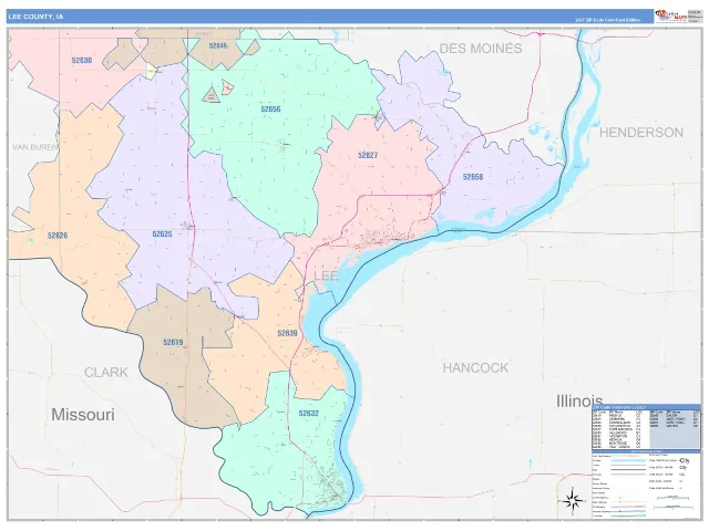 Lee County, IA ZIP Code Wall Map, ColorCast style