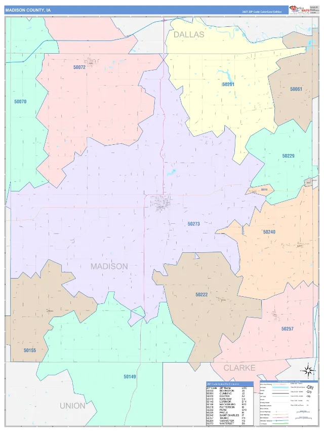 Madison County, IA ZIP Code Wall Map, ColorCast style