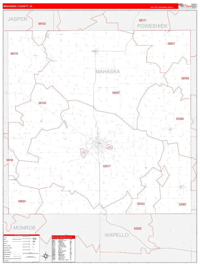Mahaska County, IA ZIP Code Wall Map, RedLine style