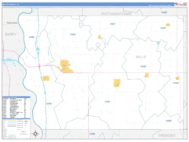 Mills County, IA ZIP Code Wall Map, Business Reference style