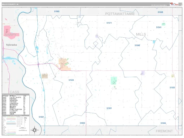 Mills County, IA ZIP Code Wall Map, Classic style
