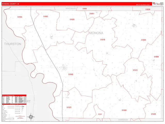 Monona County, IA ZIP Code Wall Map, RedLine style
