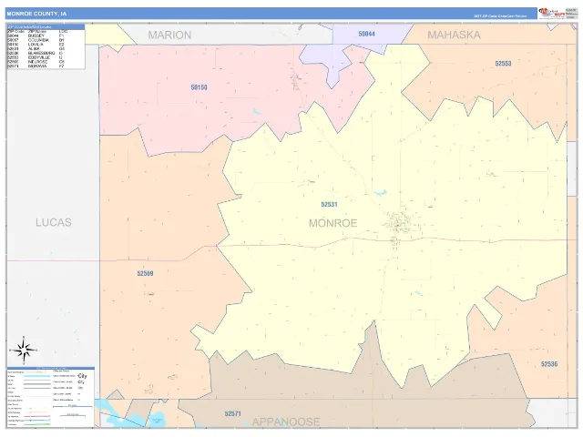 Monroe County, IA ZIP Code Wall Map, ColorCast style