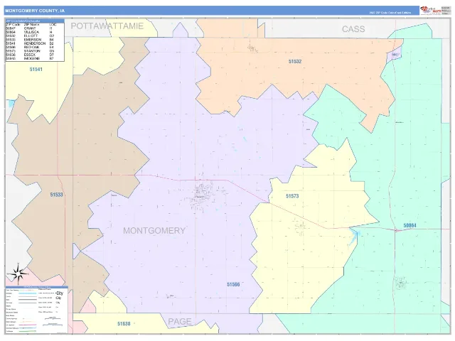 Montgomery County, IA ZIP Code Wall Map, ColorCast style