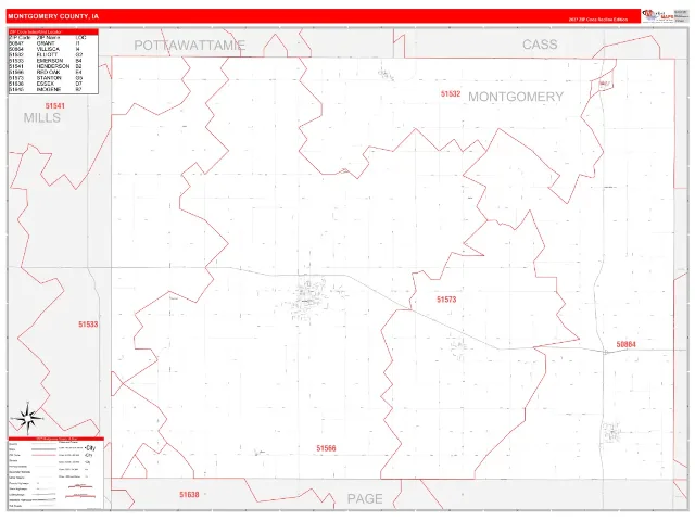 Montgomery County, IA ZIP Code Wall Map, RedLine style