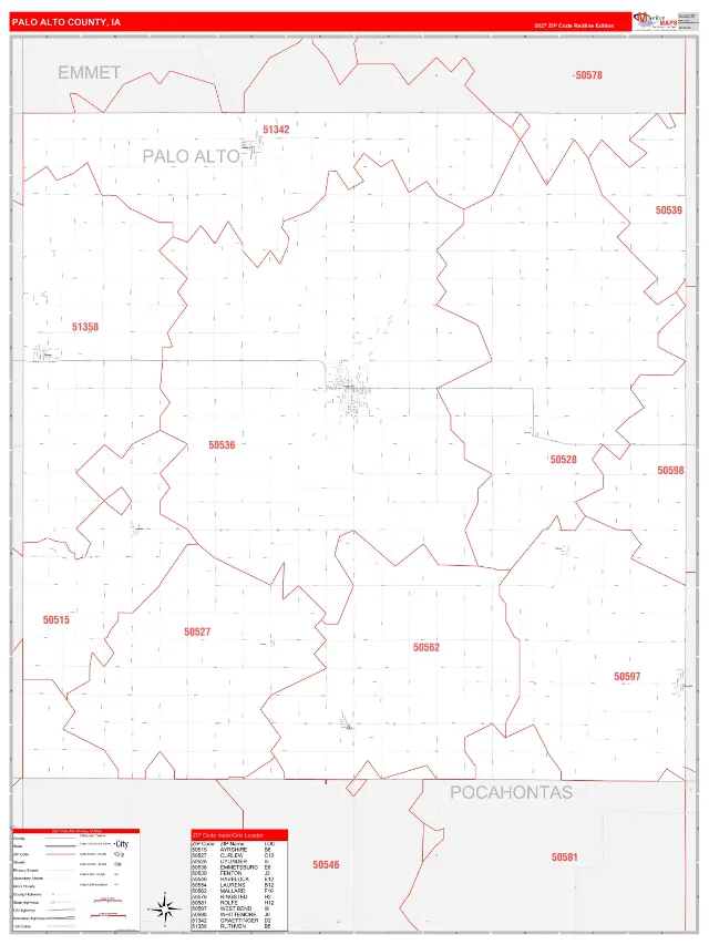 Palo Alto County, IA ZIP Code Wall Map, RedLine style
