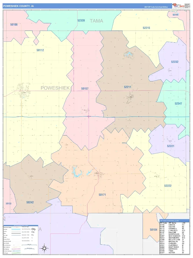 Poweshiek County, IA ZIP Code Wall Map, ColorCast style