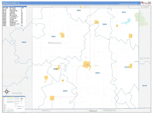 Ringgold County, IA ZIP Code Wall Map, Business Reference style