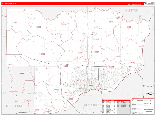 Scott County, IA ZIP Code Wall Map, RedLine style