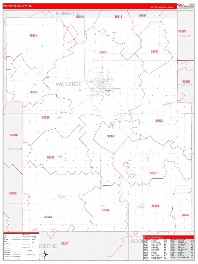 Webster County, IA ZIP Code Wall Map, RedLine style