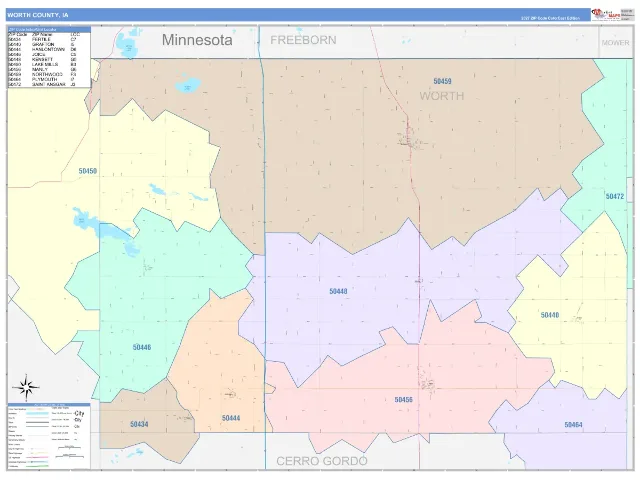 Worth County, IA ZIP Code Wall Map, ColorCast style