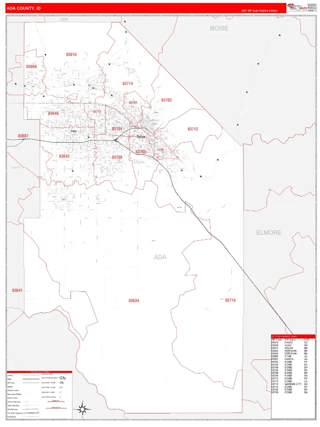 Ada County, ID ZIP Code Wall Map, RedLine style
