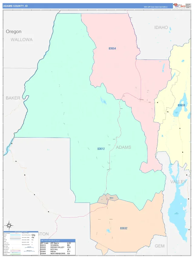 Adams County, ID ZIP Code Wall Map, ColorCast style