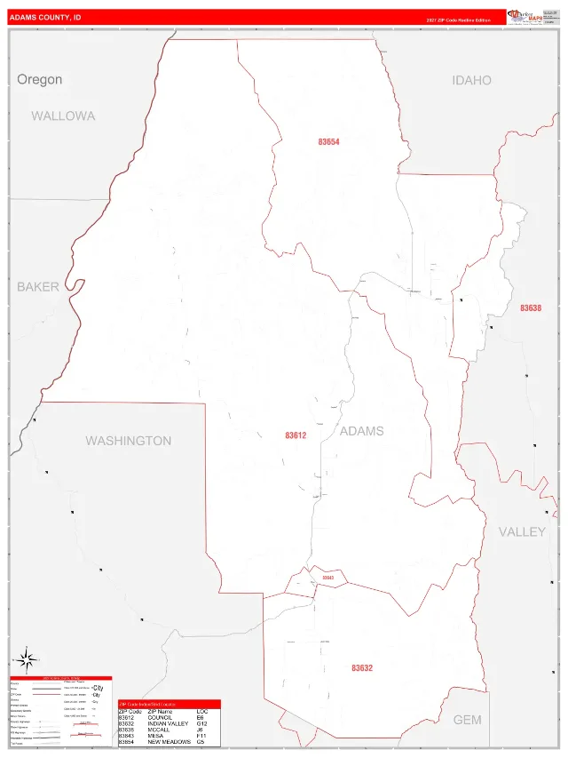 Adams County, ID ZIP Code Wall Map, RedLine style