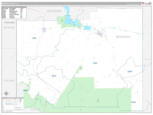 Benewah County, ID ZIP Code Wall Map, Classic style