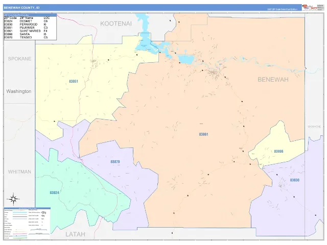 Benewah County, ID ZIP Code Wall Map, ColorCast style