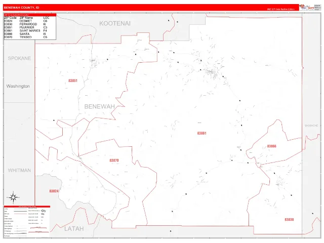 Benewah County, ID ZIP Code Wall Map, RedLine style