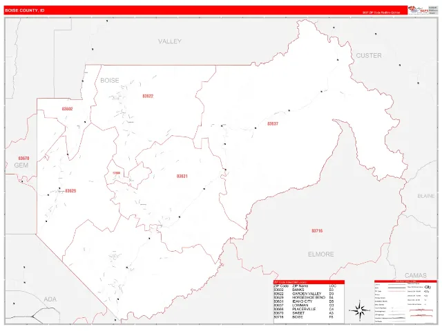Boise County, ID ZIP Code Wall Map, RedLine style