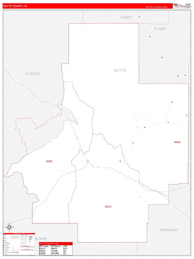 Butte County, ID ZIP Code Wall Map, RedLine style