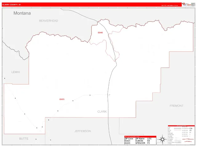 Clark County, ID ZIP Code Wall Map, RedLine style