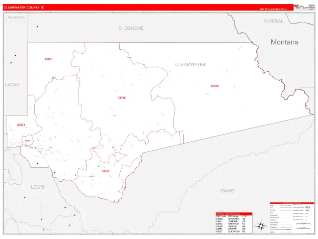 Clearwater County, ID ZIP Code Wall Map, RedLine style