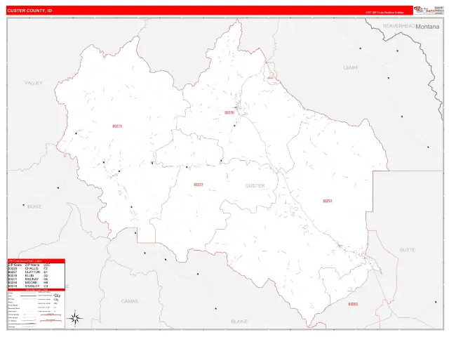 Custer County, ID ZIP Code Wall Map, RedLine style