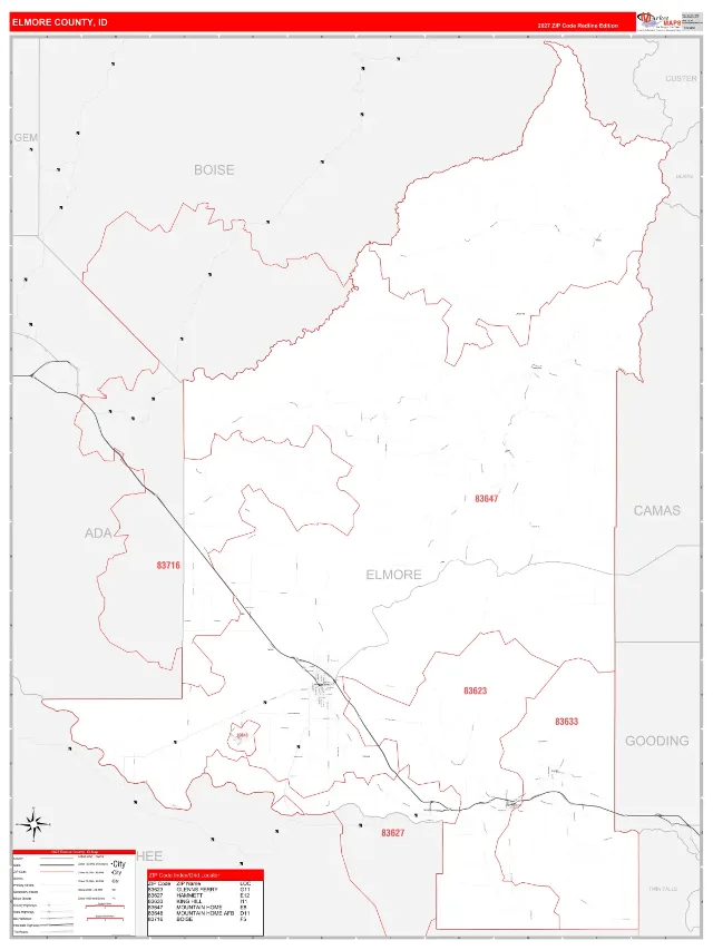 Elmore County, ID ZIP Code Wall Map, RedLine style